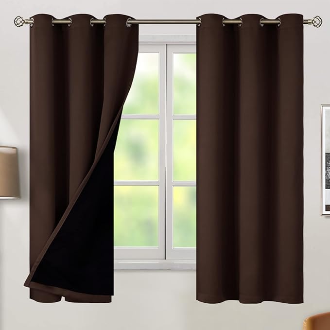 BGment Thermal Insulated 100% Blackout Curtains for Bedroom with Black Liner, Double Layer Full Room Darkening Noise Reducing Grommet Curtain (42 x 63 Inch, Brown, 2 Panels) by BGment