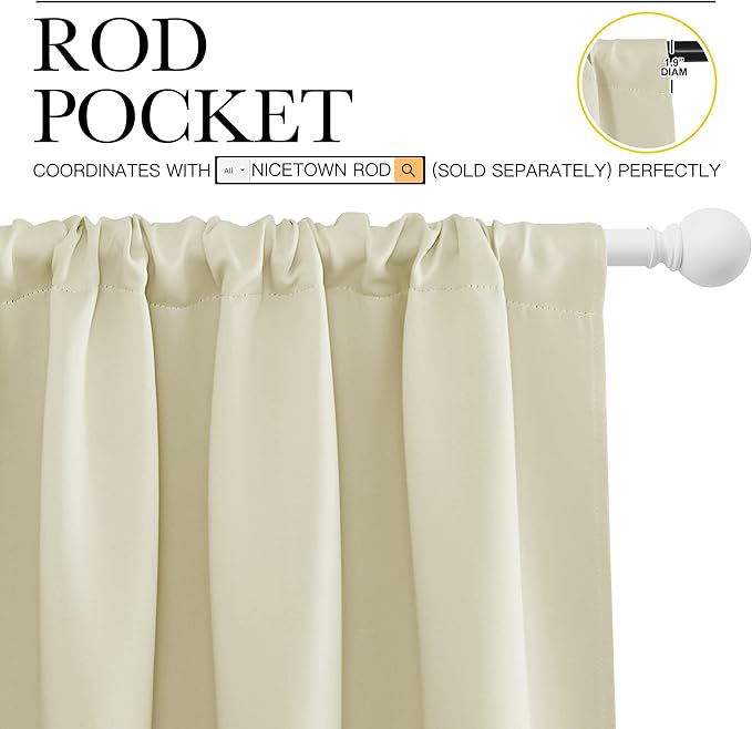 NICETOWN Blackout Curtains for Bedroom, Home Decorations Thermal Insulated Solid Rod Pocket Blackout Drapes for Cafe (Beige, One Pair, 70 x 63-inch) - Image 3