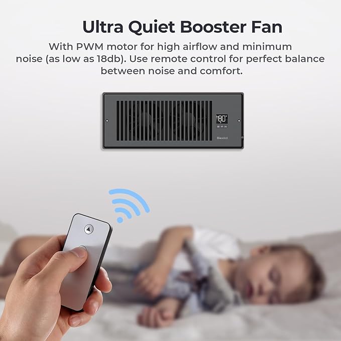 Quiet Register Booster Fan Fits 4" x 12" Register Holes, 10-Speed Smart Heating Cooling AC Vent Fan with Remote Control and Thermostat Control - Black - Image 5