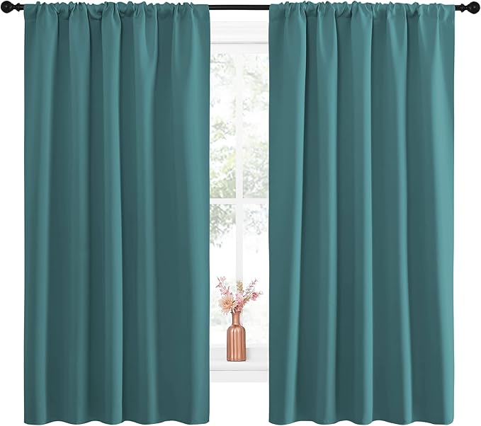 NICETOWN Kitchen Window Curtain Set - Window Treatment Thermal Insulated Solid Room Darkening Rod Pocket Drapes for Bedroom (Sea Teal, Set of 2, 52 by 63 inches Long) - Image 2