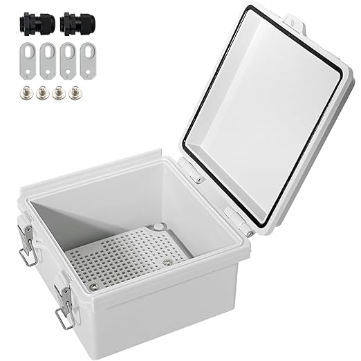 MAKERELE Small Electrical Junction Box Outdoor Weatherproof Gray Shell and IP67 ABS Grade Plastic with Hinged Cover, Mounting Plate,Wall Bracket,Stainless Steel Buckle and 1/4" NPT*2 (5.9"×5.9"×3.5") by MAKERELE