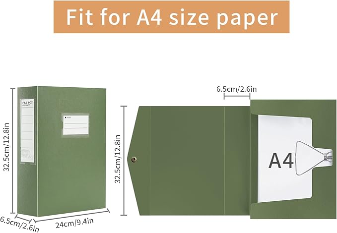 HUA JIE 2 Pack A4 Storage File Boxes Archives Case,65mm Spine,Box File Document Storage Box with Metal Clip for Office School -Green - Image 3