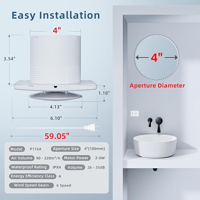 Bathroom Exhaust Fan with Remote, 2 Way 6 Speed Upgraded Powerful Low Noise Vent Fan 3000RPM DC Motor Energy Saving Household Ventilation Fans for Attic Basement Garage Washroom V116A24 - Image 5