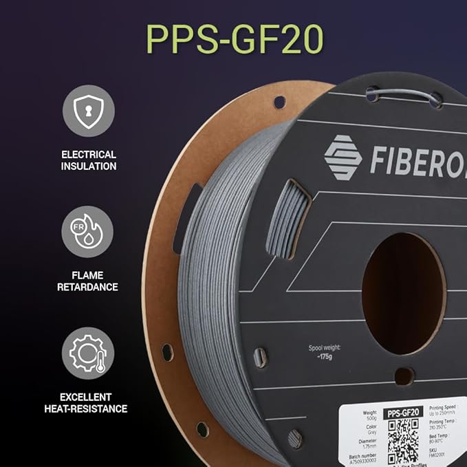 Polymaker Fiberon PPS-GF20 Filament 1.75mm 0.5kg Spool, Extreme Heat Resistance, Electrically Insulating, UL94 V0 Flame Retardant, Chemical Resistant, Ideal for Housings, Fixtures & Automotive Parts - Image 3