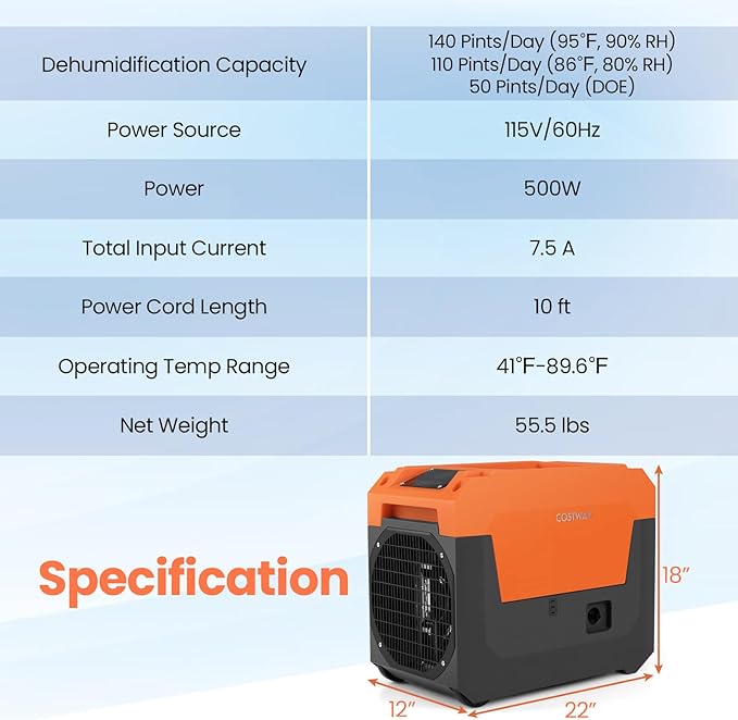 COSTWAY 140 Pints Commercial Dehumidifier with Pump, Portable Industrial Dehumidifier with Drain Hose for Basements, Job Sites, Water Damage Restoration (Orange) - Image 8