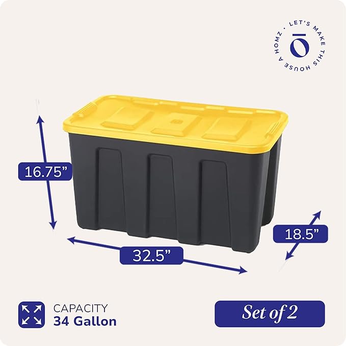 HOMZ 2-Pack Durabilt Tote, Heavy Duty Plastic Storage Bins with Lids, 34 Gallon, Black/Yellow - Stackable Organizing Containers for Home, Garage, and Office - Image 3