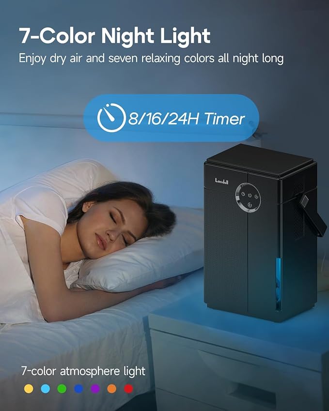 Small Dehumidifier with Drain Hose, Portable Dehumidifier for Bathroom, 118oz Dehumidifiers for Home 800 sq ft with 7 Colorful Light, Quiet Dehumidifiers for Bedroom RV Closet Basement - Image 7