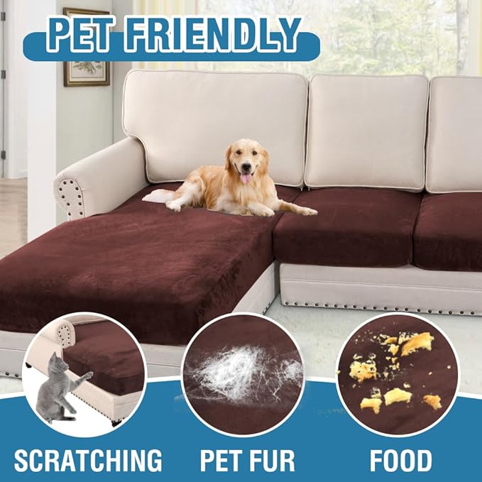 H.VERSAILTEX Velvet Stretch Sectional Couch Covers 3 Pieces Sofa Seat Cushion Covers L Shape Separate Cushion Couch Cover for Both Left/Right Sectional Couch (Large Sofa 2 Seater + 1 Chaise, Brown) - Image 3