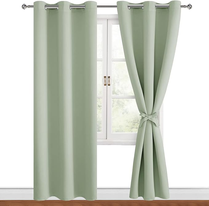 Hiasan Blackout Curtains for Bedroom, 42 x 84 Inches Long - Thermal Insulated & Light Blocking Window Curtains for Living Room/Kids Room, 2 Drape Panels Sewn with Tiebacks, Seafoam Green by Hiasan