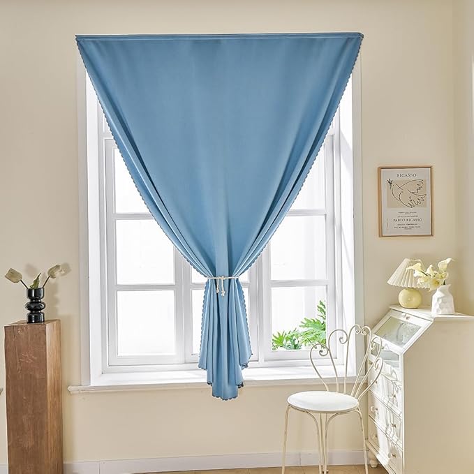 Magic Tape Stick on Portable Curtains for Windows,Bedroom Blackout Curtains for - Thermal Lnsulated No Drill Curtains Room Darkening Black Small Drapes(1 Panels,35Wx54L inch-Sky Blue) - Image 2