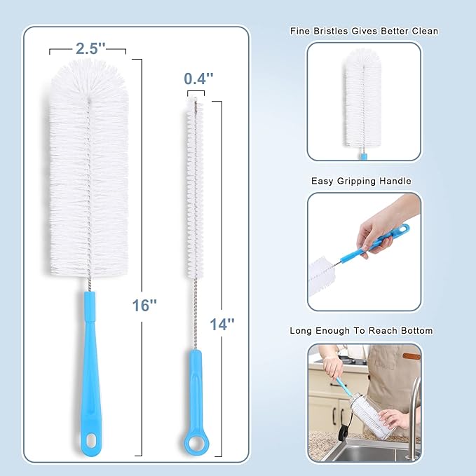 16" Bottle Brush Cleaner for Water Bottle - Long Handle Bottle Brush for Cleaning Narrow Neck Sport Bottles,Beer Bottle and Jugs, Set of 2 - Image 2