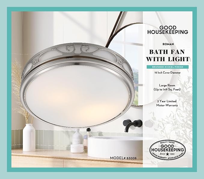 Good Housekeeping 83008 Roman Decorative 110 CFM 3.0 Sones Bathroom Ventilation Exhaust Fan with Light & Night-Light, Brushed Nickel - Image 2