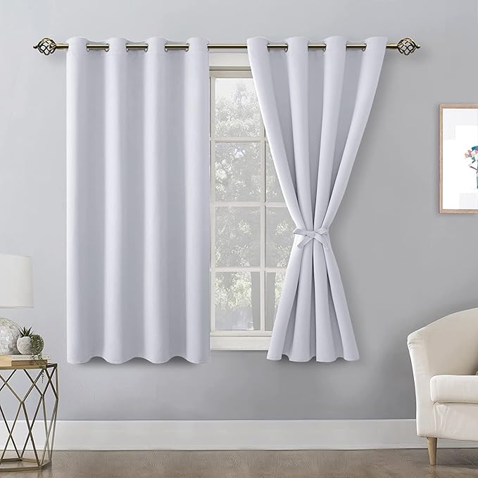 Hiasan Blackout Curtains for Bedroom - Thermal Insulated & Energy Saving Window Curtains for Living Room/Kids Room, 2 Drape Panels Sewn with Tiebacks, Greyish White, 52 x 45 Inch - Image 2