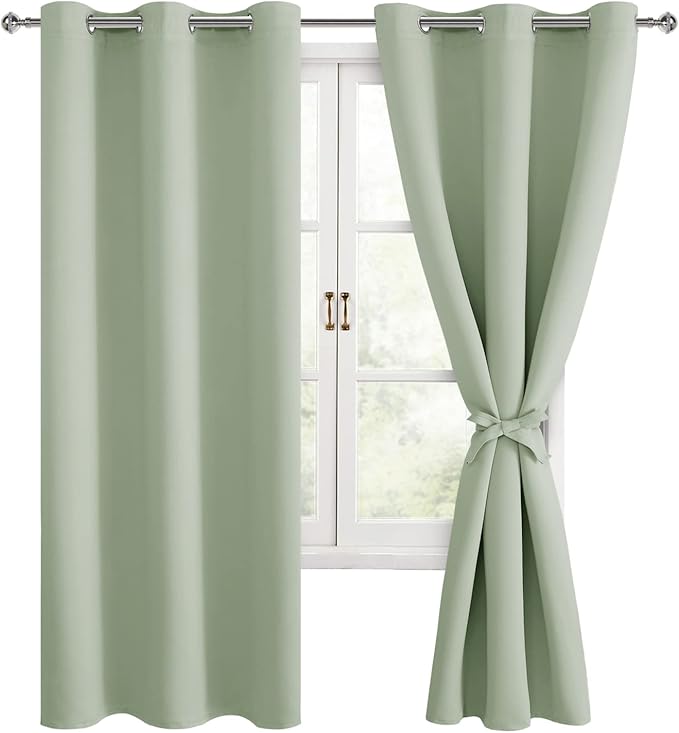 Hiasan Blackout Curtains for Bedroom, 42 x 63 Inches Length - Thermal Insulated & Light Blocking Window Curtains for Living Room/Kids Room, 2 Drape Panels Sewn with Tiebacks, Seafoam Green by Hiasan