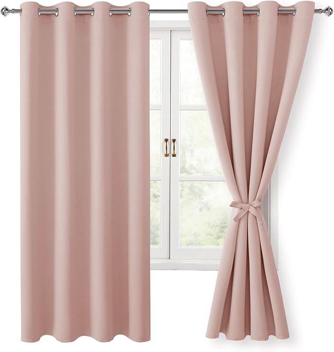 Hiasan Blackout Curtains for Bedroom, 52 x 63 Inches Length - Thermal Insulated Light Blocking Window Curtains for Living Room, 2 Drape Panels Sewn with Tiebacks, Blush by Hiasan