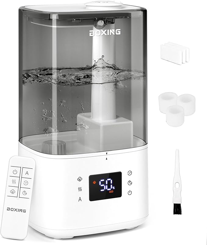 BOXING 6L Warm & Cool Mist Humidifiers for Bedroom, Air Humidfier for Large Room with Remote Control, Auto Mode Perfect for Baby & Plants, Top Fill, Sleep Mode, Timer, Essential Oil Tray, 60H by BOXING