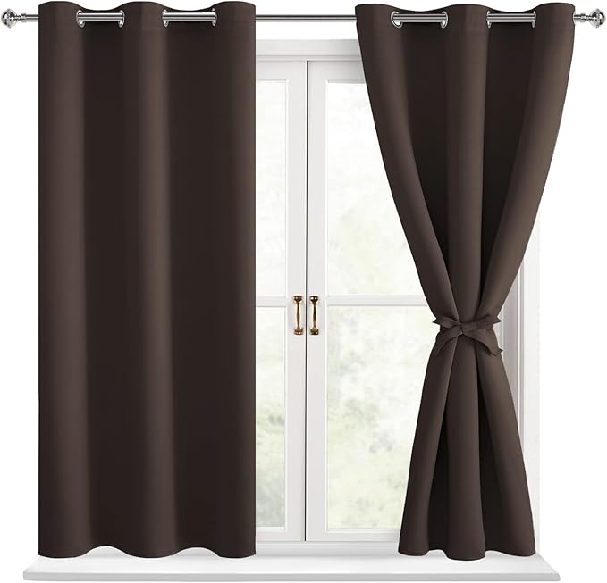 Hiasan Short Blackout Curtains for Bedroom - Thermal Insulated & Light Blocking Window Curtains for Living Room, 2 Drape Panels Sewn with Tiebacks, Brown, 42 x 45 Inch by Hiasan