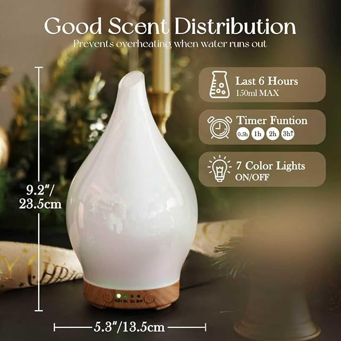 Porseme 150ml Essential Oil Diffuser Glass Color Changing Aroma Air Diffusers Aromatherapy Ultrasonic Cool Mist Humidifier 6 Running Hours Waterless Auto-Off for Sleeping Yoga Office Spa (White Jade) - Image 3