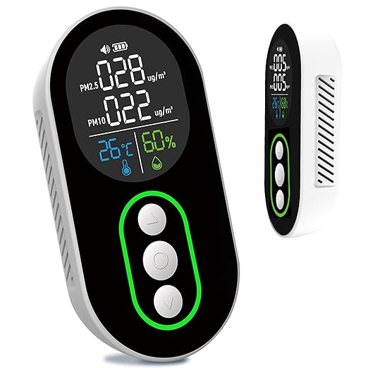 4 in 1 PM 2.5 and PM 10 Air Quality Monitor(Temp/Humidity/PM2.5/PM10), Portable PM 2.5 Detector with Alarm Function, 0~1000 UG/m³ Detector Range Air Quality Monitor for Home, Office, School by LSENLTY