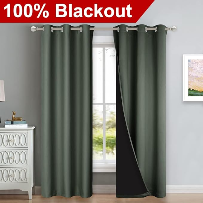 NICETOWN Dark Mallard Blackout Curtains 80 inches Long, Full Light Blocking Drapes with Black Liner for Nursery, Thermal Insulated Draperies for Hall, Villa (2 Pieces, 42" Wide Each Panel) - Image 2