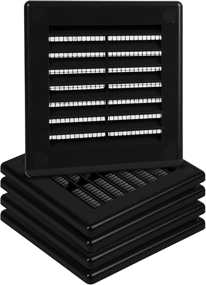 5-Pack 4" x 4" (Outer Size) Square Air Vent Cover – Black Plastic Vent Deflector - Screen Mesh, Surface Mount Wall Ceiling – Cold Air Return Soffit Air Vent Cover - Register Indoor Outdoor by Unknown