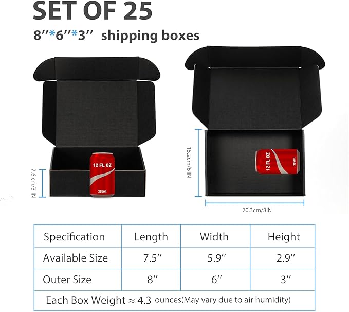Small Shipping Boxes 8x6x3 Inch (25 Pack) - Sturdy Black Corrugated Cardboard Boxes for Small Business, Ecommerce, Mailing & Packaging | Recyclable Gift & Storage Boxes - Image 2