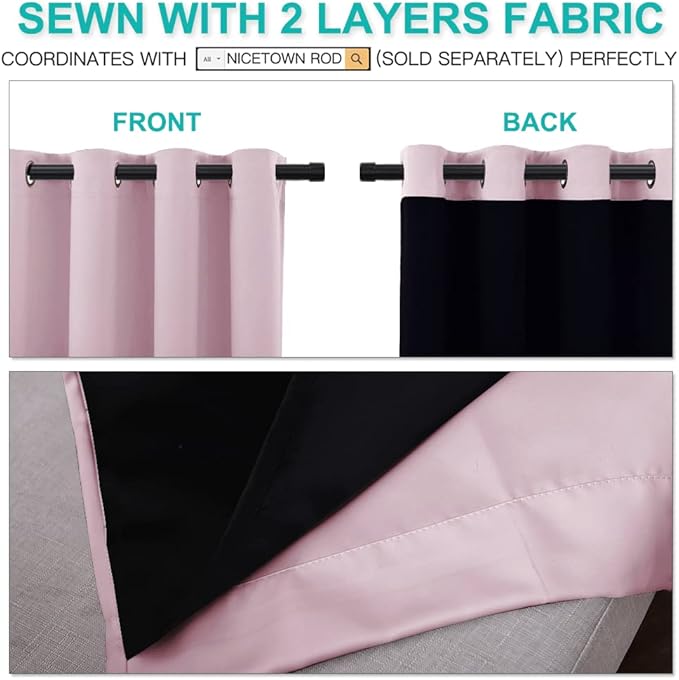 NICETOWN 100% Blackout Room Warming Lined Curtains, Totally Darkness Drapes, Thermal Insulated Drapes for Daughters Nursery (Lavender Pink, 1 Pair, 52 inches Width x 63 inches Length Each Panel) - Image 4