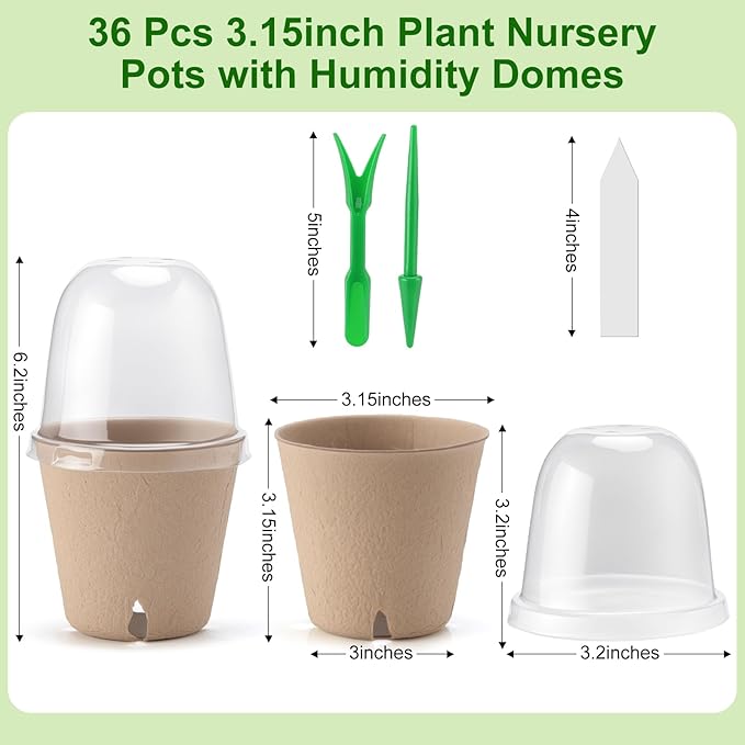 36 Set 3.15 Inch Peat Pots Plant Starters for Seedling with Humidity Dome,Herb Seed Starter Pots Kits, Garden Germination Nursery Pot wit 36 Plant Labels, 2 Transplant Tools. - Image 2