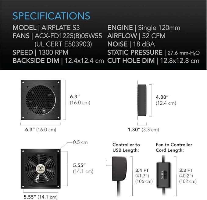 AC Infinity AIRPLATE S3, Quiet Cooling Fan System 6" with Speed Control, for Home Theater AV Cabinets - Image 6