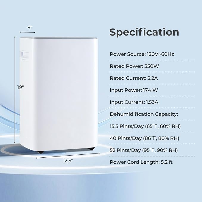 4500 Sq. Ft Dehumidifier for Basement, 52 Pint Garage Dehumidifier for Home, Bedroom & Bathroom with Drain Hose, Smart Humidity Control & Display, 3 Modes, 24H Timer & Auto Defrost - Image 9