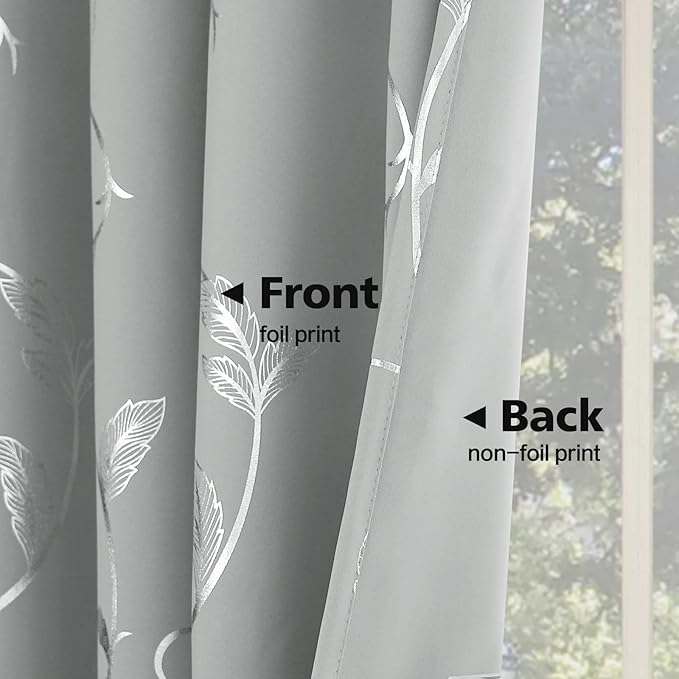 BUHUA Blackout Curtains Silver Foil Print Flower Vine Grommet Drapes, Room Darkening Thermal Insulated Curtains, Noise Reducing Curtain for Bedroom, Silver Grey, 66Wx72L, 2 Panels - Image 4