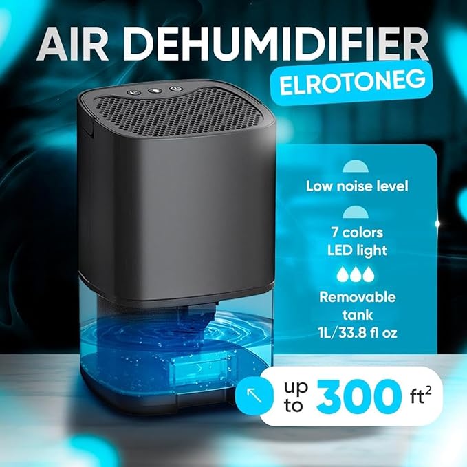 Dehumidifier ELROTONEG, 35 OZ Water Tank (300 sq. ft), Small Dehumidifier for Basement with Auto-Off, Sleep Mode and LED Lighting (Black) - Image 2