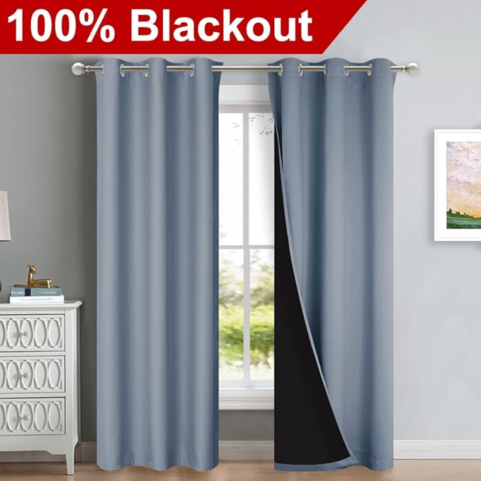 NICETOWN Blackout Curtains 80 inches Long, Vintage Blue, 2 Pieces, 42" Wide Each Panel, Full Light Blocking Drapes with Black Liner for Nursery, Thermal Insulated Draperies for Hall, Villa - Image 2