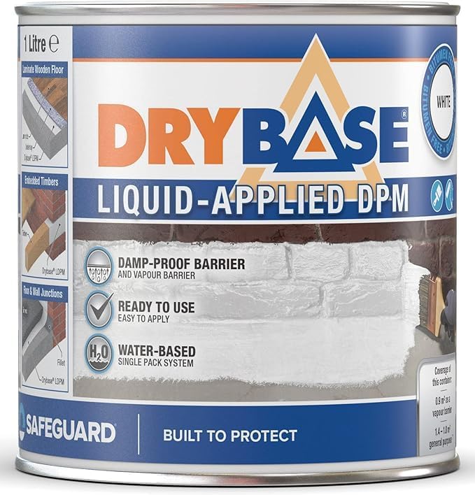 Drybase Liquid Damp Proof Membrane (1 Litre White) - Damp Proofing Paint for Interior & Exterior Walls and Floors. Waterproof Paint by Dryzone