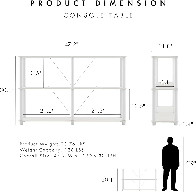 Homes: Inside + Out Apexa Modern 3-Tier Extra Wide Shelving Units, Collectibles Display Shelves, Easy Assembly Console Table, Home Storage Organizer for Living Room, Bedroom, Office, White - Image 3