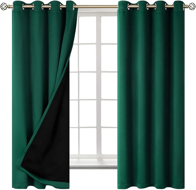 BGment Thermal Insulated 100% Blackout Curtains for Bedroom with Black Liner, Double Layer Full Room Darkening Noise Reducing Grommet Curtain (52 x 63 Inch, Emerald, 2 Panels) - Image 8