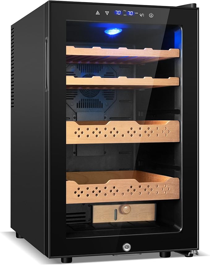 Electric Humidor-70L Cooling & Heating Humidor Smart Touch Control Humidity & Temp, Humidors wtih Spanish Cedar Wood Tray and Drawer, Digital Display, Safety Lock, Desktop Gift for Men by Velivi