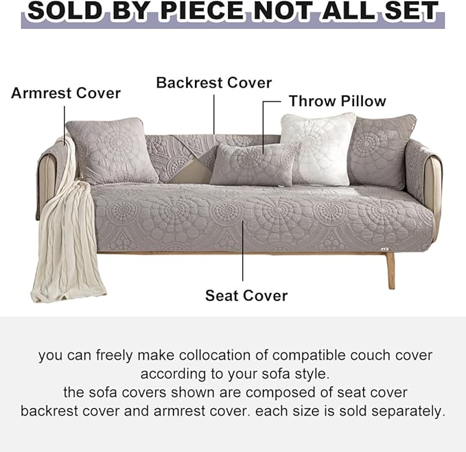 vctops Boho Circle Embroidery Couch Sofa Cover Solid Color Cotton Quilted Non-Slip Sectional Couch Covers Sofa Slipcover for Dogs, Children, Pets Furniture Protector (Grey,36"x70") - Image 6