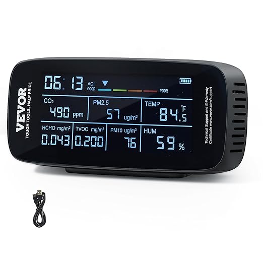VEVOR Air Quality Monitor 9-in-1, CO2, Temperature, Humidity, Formaldehyde TVOC AQI Tester, Professional PM2.5 PM10 PM1.0 Particle Counter for Indoor/Outdoor, Air Quality Meter w/Alarm Thresholds by VEVOR