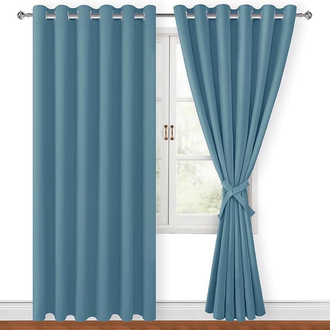 Hiasan Room Darkening Curtains for Bedroom, 70 x 84 Inches - Thermal Insulated & Energy Saving Window Drapes for Living Room/Dorm Room, Set of 2 Panels Sewn with Tiebacks, Stone Blue by Hiasan