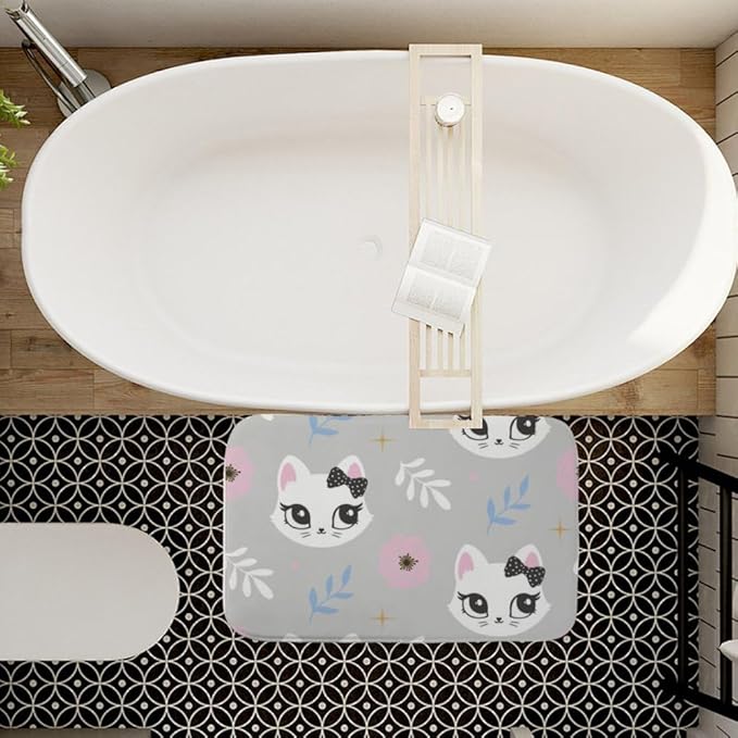 Cute Pet Animal Kitten Bow Runner Rug Bathroom Toilet Rugs Foot Mat Mats for Bathroom Anti Mold Water Absorption Non-Slip Rubber Backing Hot Tub Accessories Girls Cozy Home Boho Decor 18X30in - Image 2