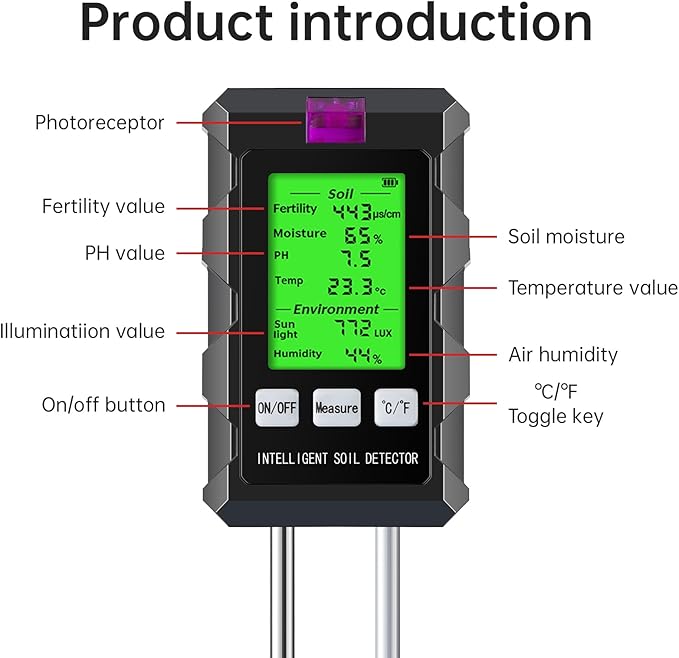 6 in 1 Soil Tester Digital Moisture Meter with Dual Probe, pH/Temperature/Moisture/Sunlight/Air Humidity/Fertility, Soil pH Tester for Farming, Gardening, Lawns and More (2*AAA Battery Needed) - Image 7