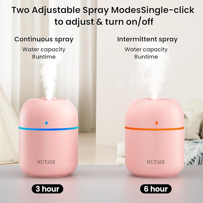 Portable Small Humidifier, WUTAER USB Personal Desktop Humidifier for Car, Office Room, Bedroom, Auto Shut-Off, 2 Mist Modes, Super Quiet(220ml, Pink) - Image 8