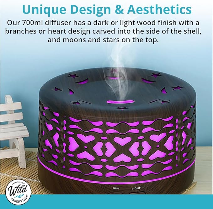 Wild Essentials 700ml Designer Large Room Essential Oil Diffuser, 5 in 1 Ultrasonic Aromatherapy Vaporizer Cool Mist Humidifier, Home, Office, Bedroom, Timer, Auto-Off, 7 Color LED (Dark Wood Hearts) - Image 5