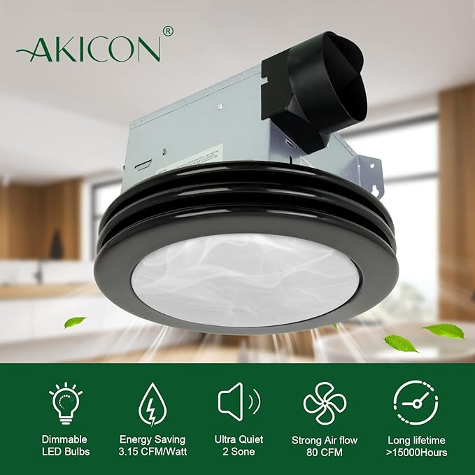 Akicon Ultra Quiet Bathroom Exhaust Fan with LED Light 80CFM 2.0 Sones Round Bathroom Ventilation Fan with Frosted Glass Cover Matte Black Finish (Matte Black) - Image 6