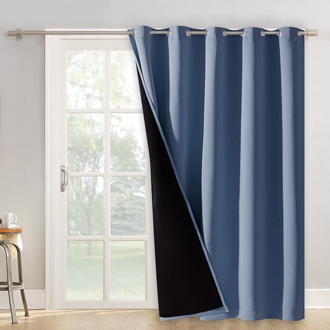 NICETOWN 100% Blackout Cold Blocking Patio Sliding Door Curtain, Stone Blue Wide Lined Drape, Keep Warm Drapery, Sliding Glass Door Panel for Night Shift（1 Panel, 62 inches Wide x 84 inches Long by NICETOWN
