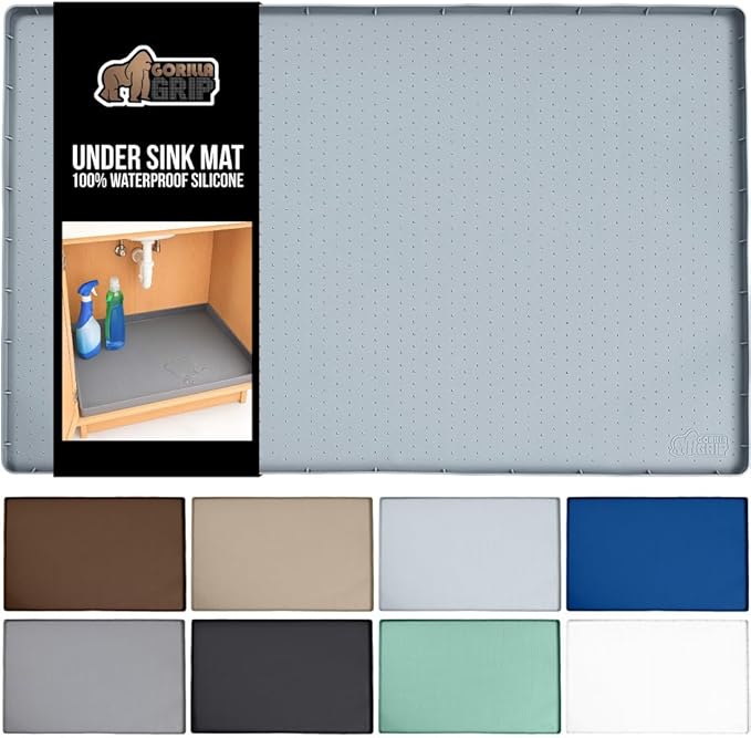 GORILLA GRIP Waterproof Silicone Under Sink Mat with Raised Lip for Kitchen and Bathroom, 46 x 22 in, Cabinet Shelf Liner Stay in Place Mats Dishwasher Safe Drawer Liner, Organizer Tray, Light Grey by GorillaGrip