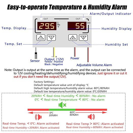Hygrometer Thermometer Alarm, 12V High/Low Temperature and Humidity Monitor, 0~120dB Adjustable Audible/Visual Thermostat Controller with External Output Option for Room/Grow Tent/Farm/Cellar/Reptile - Image 5