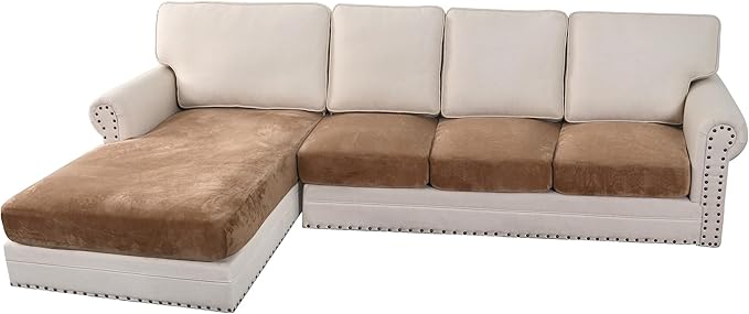 H.VERSAILTEX Velvet Stretch Sectional Couch Cover - 4 Pieces for L Shape Sofa With Separate Seat Cushion Covers - Fits Both Left/Right Sectional (Large 3 Seater + 1 Chaise, Camel) by HVERSAILTEX