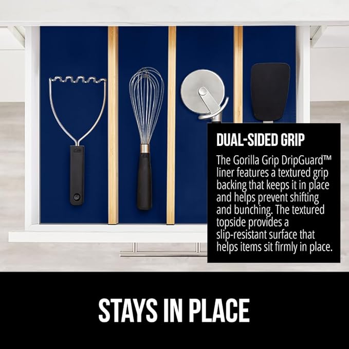 GORILLA GRIP DripGuard Shelf Liner, Non-Adhesive Drawer and Kitchen Cabinet Protector, 24x240 in, Strong Grip Slip Resistant Underside, Smooth Surface Liners for Cabinets, Bathroom Closets, Navy Blue - Image 4